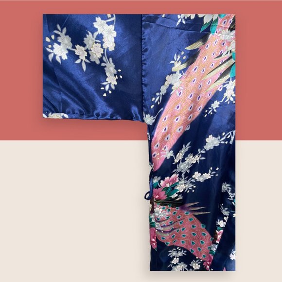 👘 PEACOCK SATIN KIMONO ROBE CARDIGAN OPEN FRONT OS - Picture 2 of 2